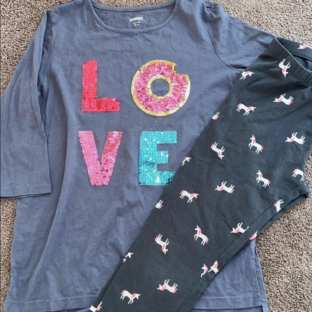 Gymboree Girls 10/12 Outfit Love‎ Donut Sequin Top & Unicorn Leggings Set